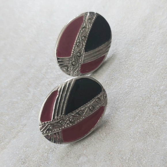 Vintage Silver-Toned Purple/Black Enamel Earrings - Picture 2 of 4